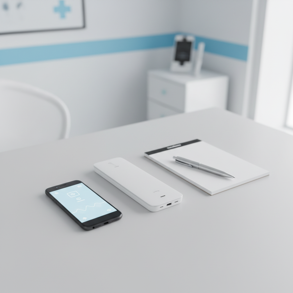 A photographic, modern medical communication concept: a slim, black smartphone and a minimalist white landline handset placed side by side on a clean, light-gray desk, both screens glowing softly with abstract interface icons that avoid readable text or numbers. Beside them lies a neatly stacked notepad and a metallic pen, suggesting appointment scheduling and contact options. The background shows an out-of-focus hint of a clinical environment with white walls and subtle blue accents. Soft studio lighting from the front gently illuminates all surfaces, producing mild reflections and delicate shadows. Shot from an overhead perspective with balanced composition, the mood is professional, accessible, and reassuring, highlighting clear communication and easy contact for medical services.