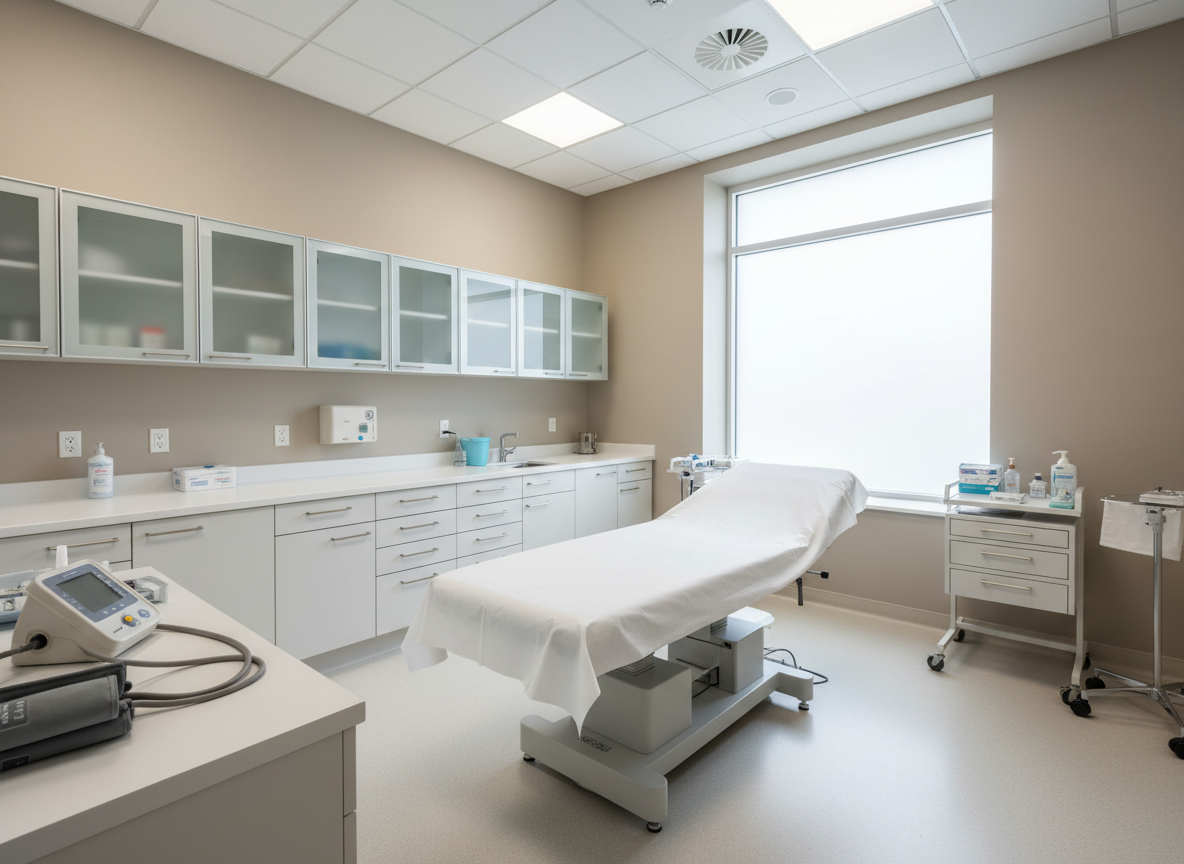 A bright, sterile medical examination room centered around a pristine white exam table with crisp, neatly folded disposable paper, surrounded by organized stainless steel diagnostic tools and closed storage cabinets with frosted glass fronts. On the side counter, a digital blood pressure monitor and an otoscope rest in perfect order, suggesting comprehensive medical services without showing patients. Soft, even overhead lighting combines with faint natural daylight from a frosted window, eliminating harsh shadows and creating a calm, reassuring atmosphere. Shot from a slightly elevated wide angle, the entire room is in sharp focus, emphasizing cleanliness, order, and state-of-the-art healthcare in a modern, photographic style.