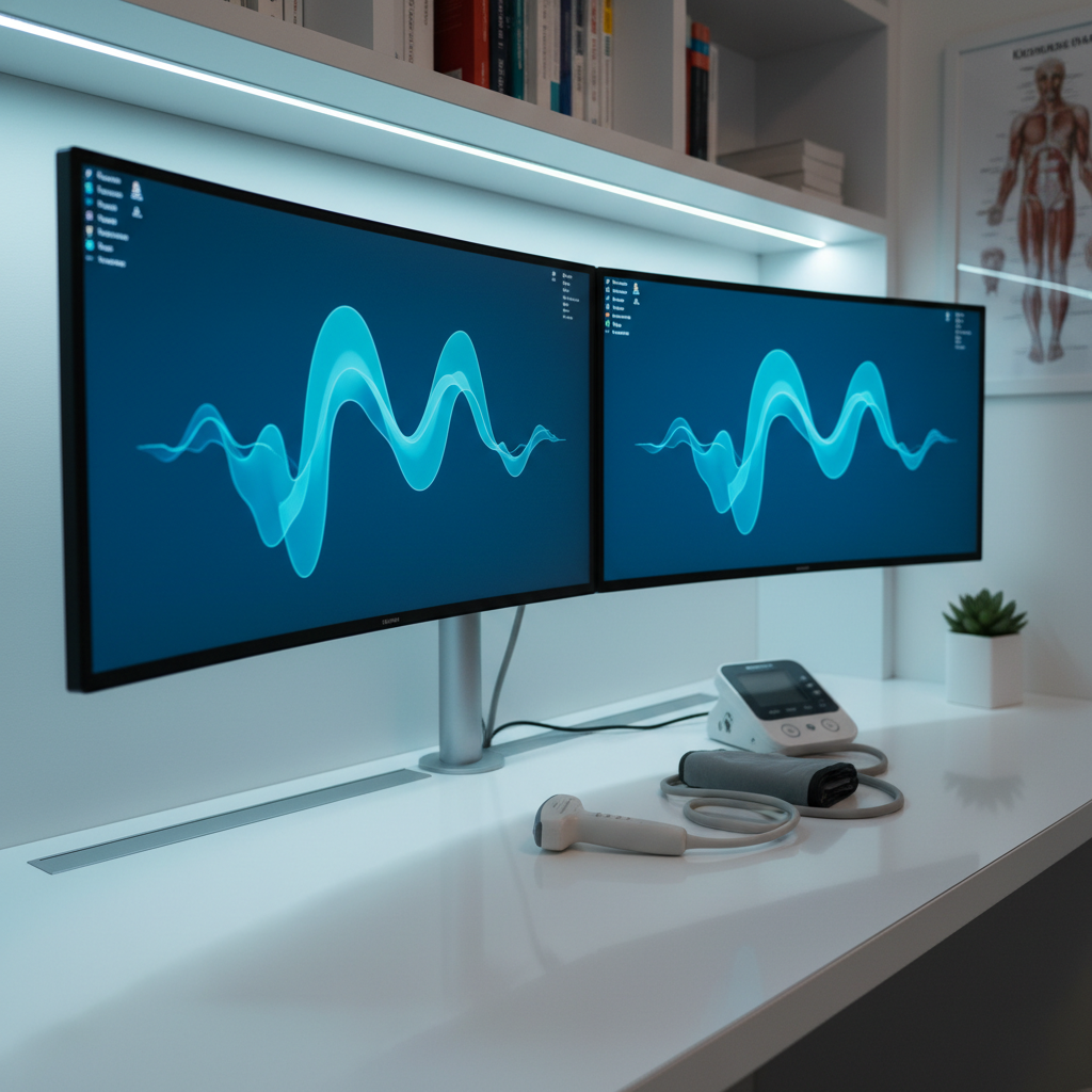 A detailed, photographic view of a diagnostic workstation in a specialist’s office, featuring dual ultrawide monitors displaying abstract, non-legible medical imaging in cool blue tones, paired with a compact ultrasound probe and a digital blood pressure unit resting on a smooth white console. Cables are neatly routed, and a small, minimalist plant adds a touch of green beside the equipment. Cool, diffused LED lighting from above combines with soft ambient glow from the monitors, creating gentle reflections and a high-tech, yet calm atmosphere. Captured from a three-quarter angle with moderate depth of field, the composition emphasizes advanced medical technology and thorough diagnostic capabilities without showing any patients or staff.