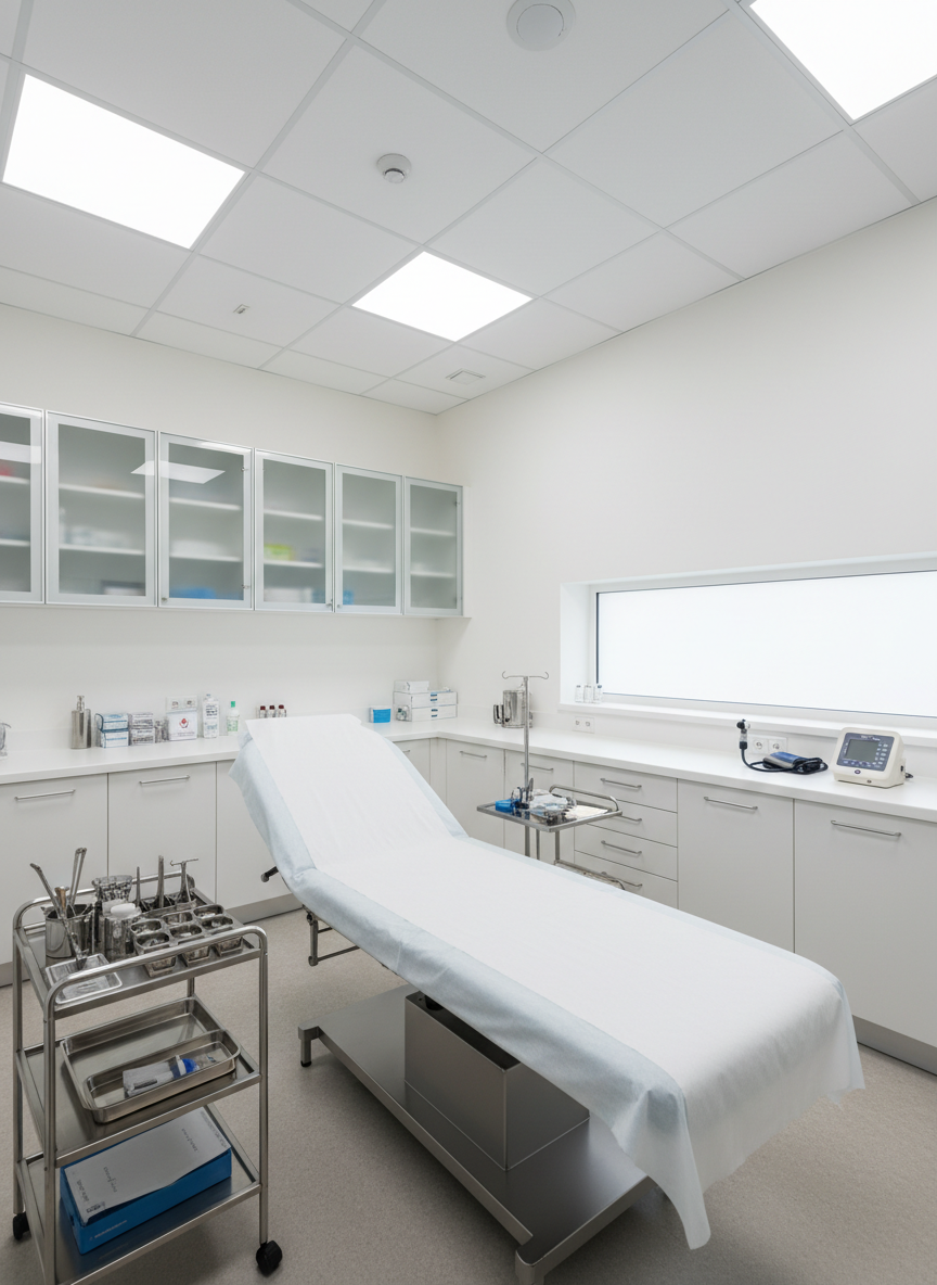 A bright, sterile medical examination room centered around a pristine white exam table with crisp, neatly folded disposable paper, surrounded by organized stainless steel diagnostic tools and closed storage cabinets with frosted glass fronts. On the side counter, a digital blood pressure monitor and an otoscope rest in perfect order, suggesting comprehensive medical services without showing patients. Soft, even overhead lighting combines with faint natural daylight from a frosted window, eliminating harsh shadows and creating a calm, reassuring atmosphere. Shot from a slightly elevated wide angle, the entire room is in sharp focus, emphasizing cleanliness, order, and state-of-the-art healthcare in a modern, photographic style.