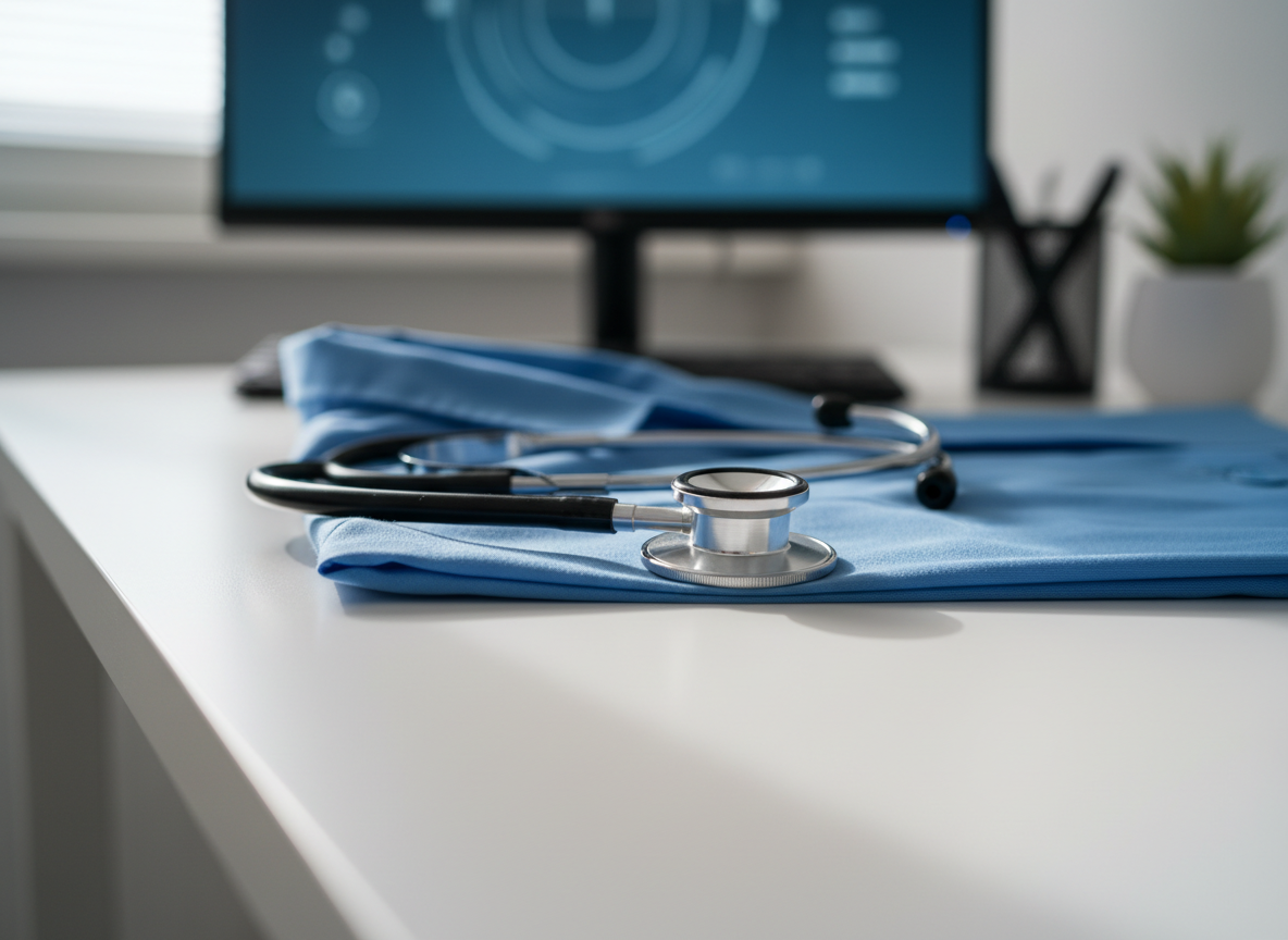 A close-up of a polished metal stethoscope resting on a folded, sky-blue medical coat, carefully placed on a white, matte-finished consultation table. In the softly blurred background, a computer monitor with an abstract, non-legible medical interface glows faintly, alongside neatly arranged pens and a simple desk plant adding a touch of life. Natural daylight enters from the side, creating gentle highlights along the stethoscope’s tubing and diaphragm, with soft shadows blending into the table surface. Captured from a low, diagonal angle with shallow depth of field, the image feels focused, professional, and calm, emphasizing careful attention to medical expertise in photographic realism.