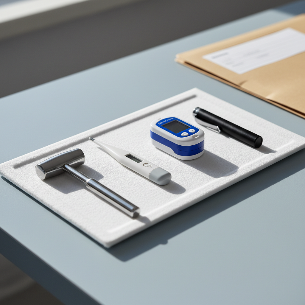A refined, photographic close-up of a neatly arranged set of medical tools symbolizing comprehensive doctor services: a stainless steel reflex hammer, digital thermometer, pulse oximeter, and penlight laid out in parallel lines on a soft white tray with a subtle texture. The tray rests on a pale blue examination surface, with the edge of a closed patient file folder visible in the softly blurred background, suggesting organized health records without text. Soft side lighting from an unseen window casts delicate, directional shadows, highlighting the shapes and finishes of each instrument. Shot from a slightly elevated angle, the mood is calm, precise, and trustworthy, reflecting professional clinical care.