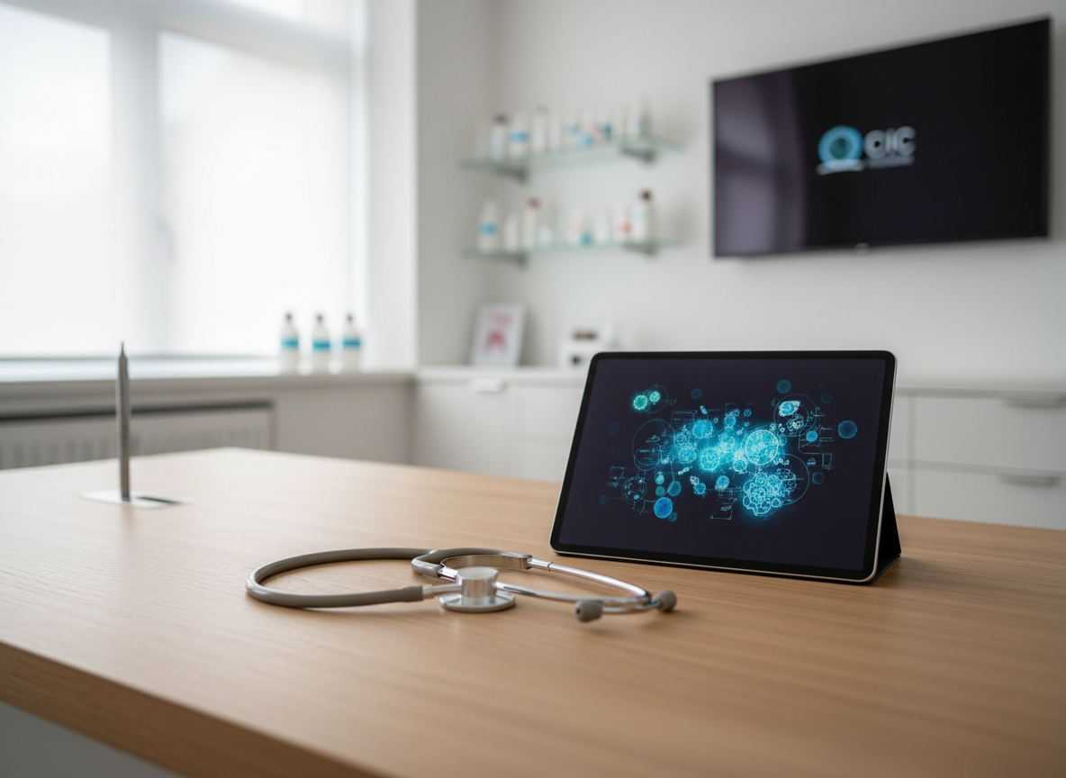 A meticulously organized medical consultation desk in a modern clinic, featuring a sleek silver stethoscope coiled neatly beside an open, high-resolution tablet displaying abstract anatomical diagrams without readable text. The desk is a light oak surface with a matte finish, set against a softly blurred background of white cabinets, medical instruments, and a wall-mounted monitor. Gentle, diffused daylight from a large unseen window washes the scene, creating subtle reflections on metal surfaces and soft shadows under objects. Photographed at eye level with a shallow depth of field, the composition centers the tablet and stethoscope, conveying professionalism, trust, and clinical precision in a clean, photographic realism style suitable for a doctor’s official website.